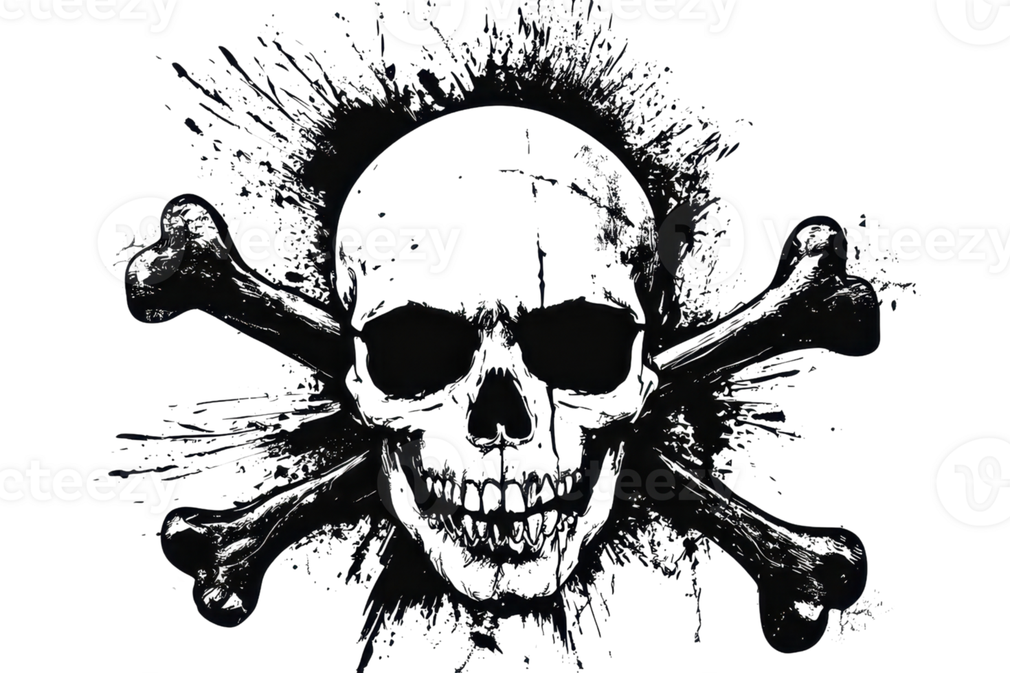 Grunge skull and crossbones icon with splatter effect on transparent background, perfect for edgy and dark themed designs and projects. png