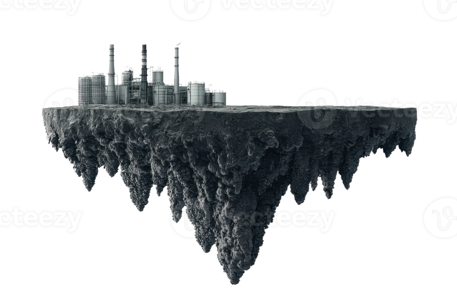 Futuristic floating cityscape on a rocky platform isolated on transparent background. showcasing advanced architecture and urban design. png