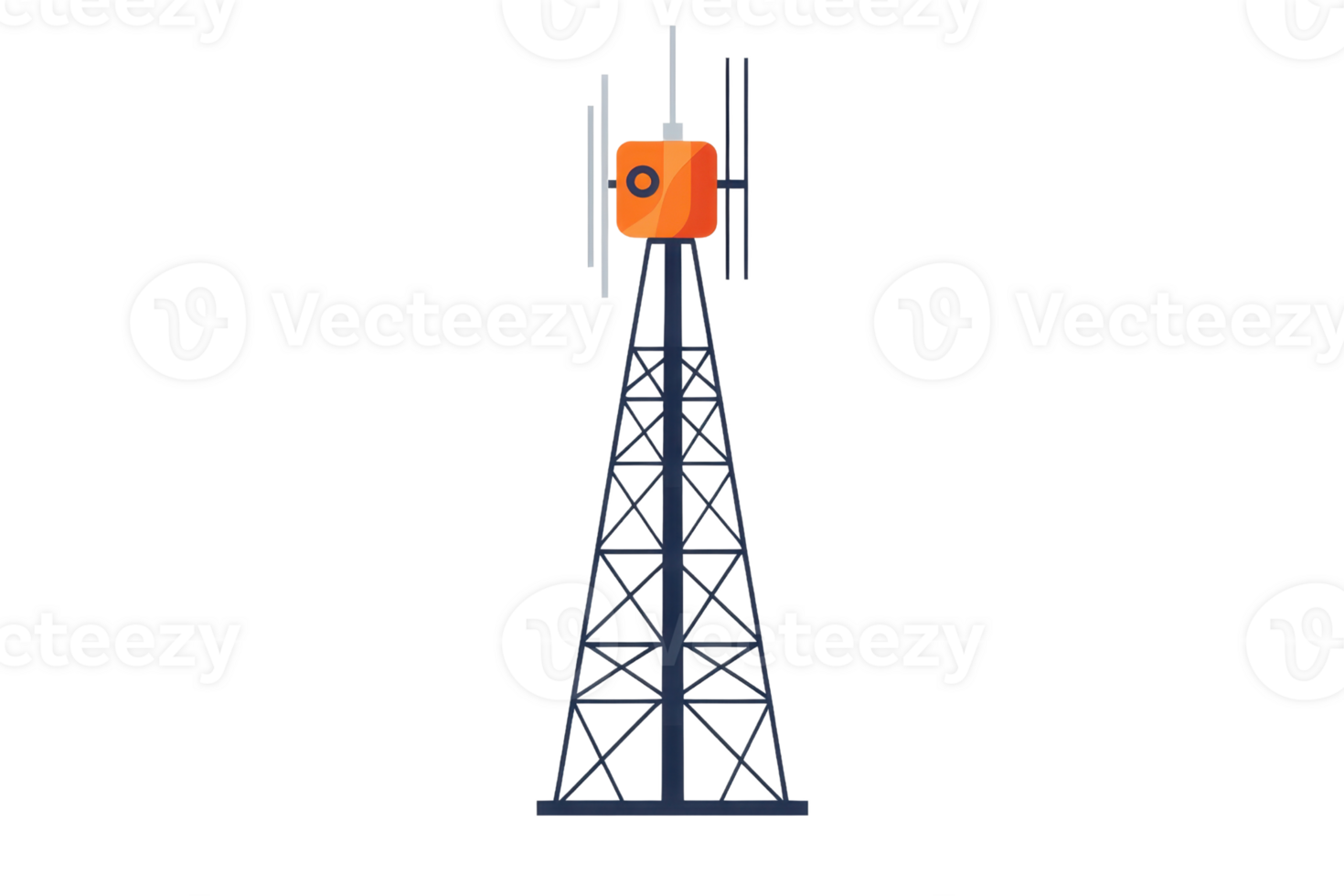 Illustration of a tall communication tower with an orange box at the top, set against a transparent background, symbolizing connectivity. png