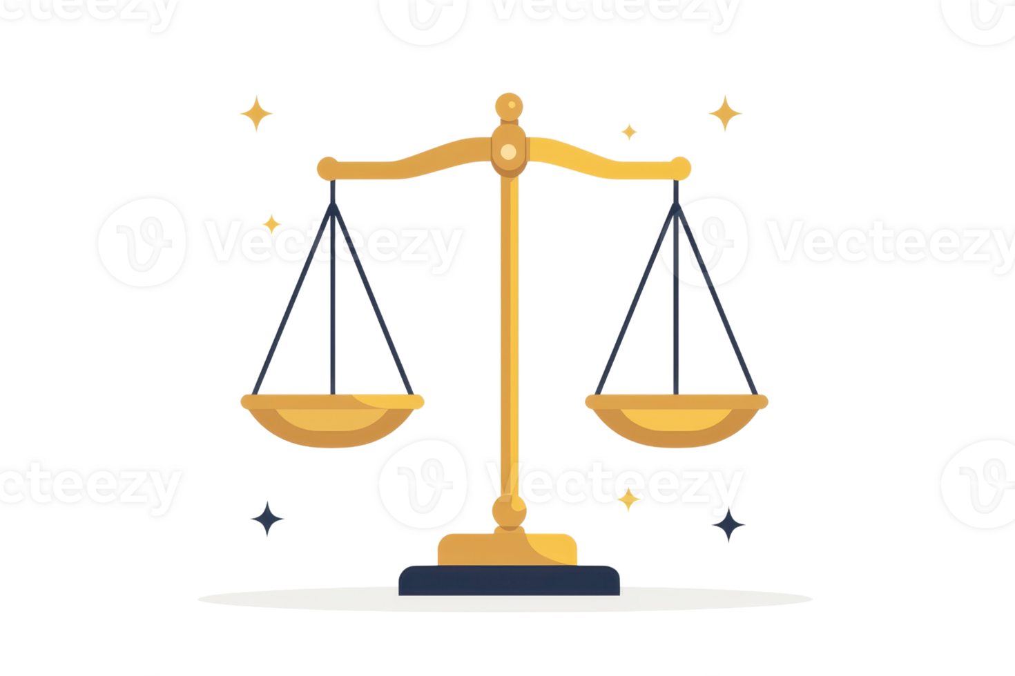 Illustration of a golden balance scale representing justice and equality, with stars in the background. png