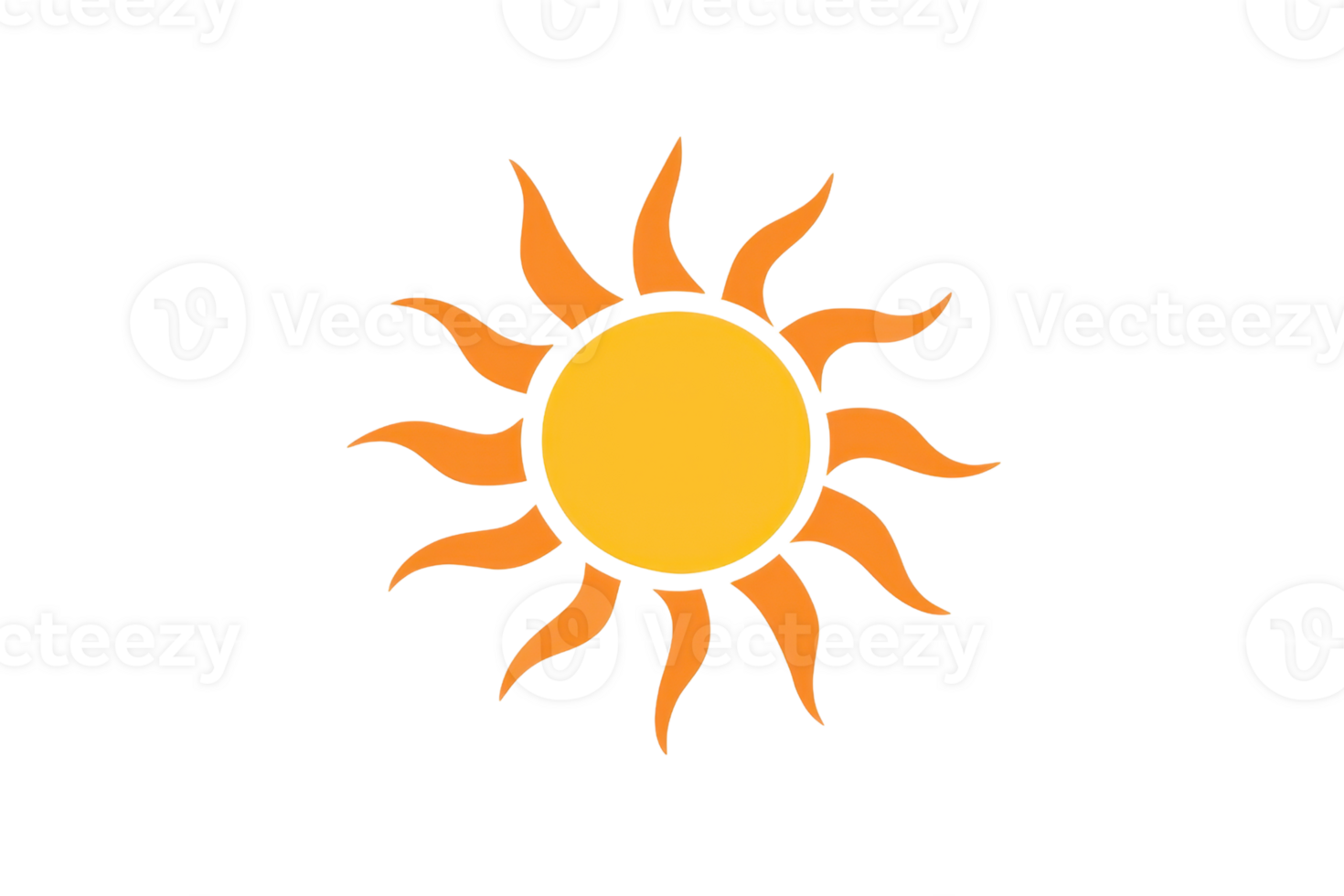Illustrated sun icon with bright yellow circle and wavy orange rays, symbolizing sunlight and warmth in a simple, artistic style. png