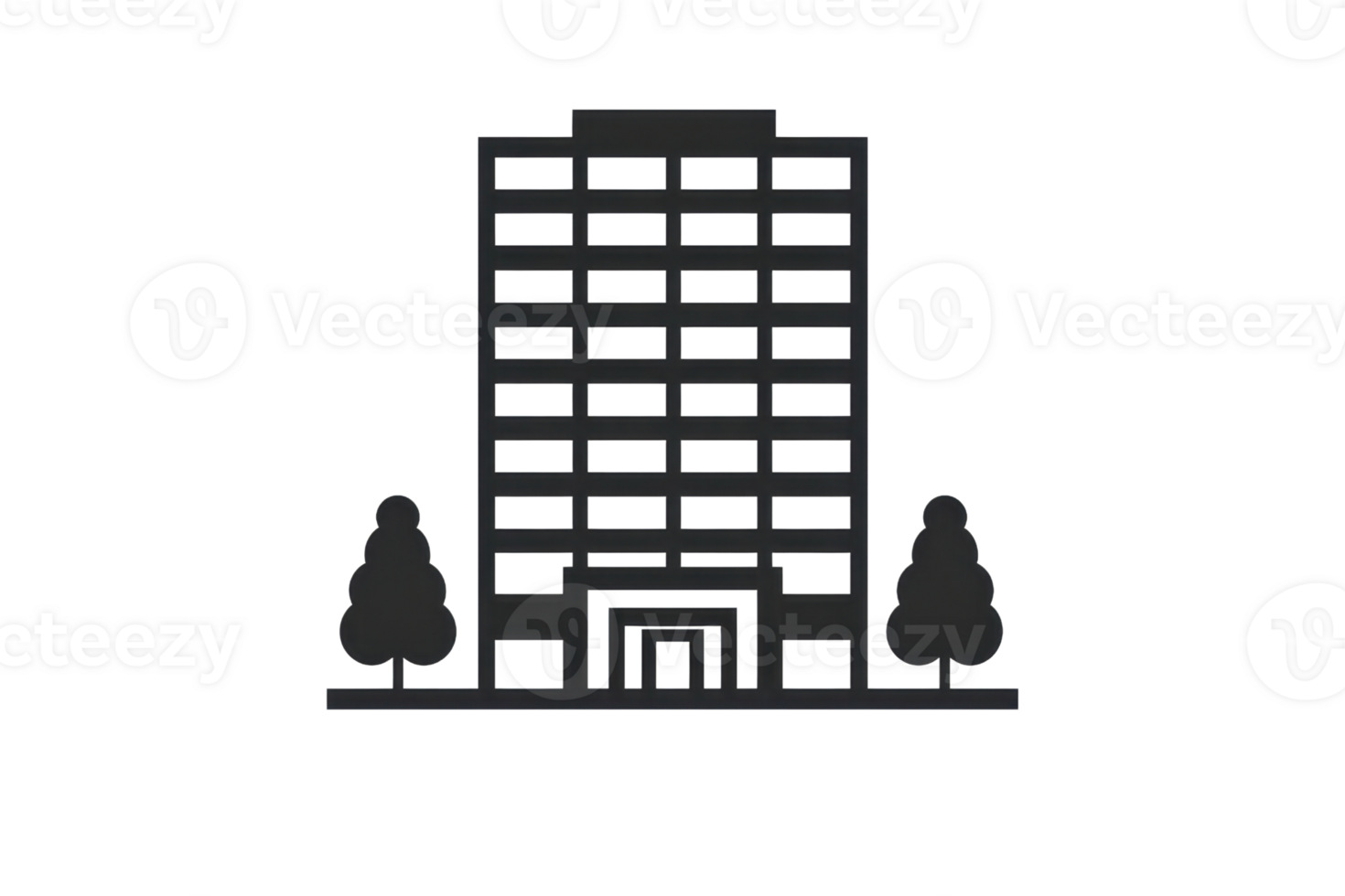 Illustration of a simple, modern multi-story building flanked by two trees, representing urban architecture or corporate design. png