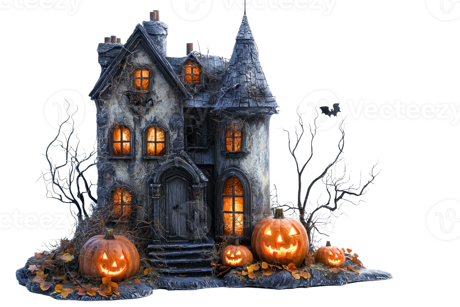 Haunted house adorned with jack-o'-lanterns glowing at night, perfect for a spooky Halloween ambiance. png