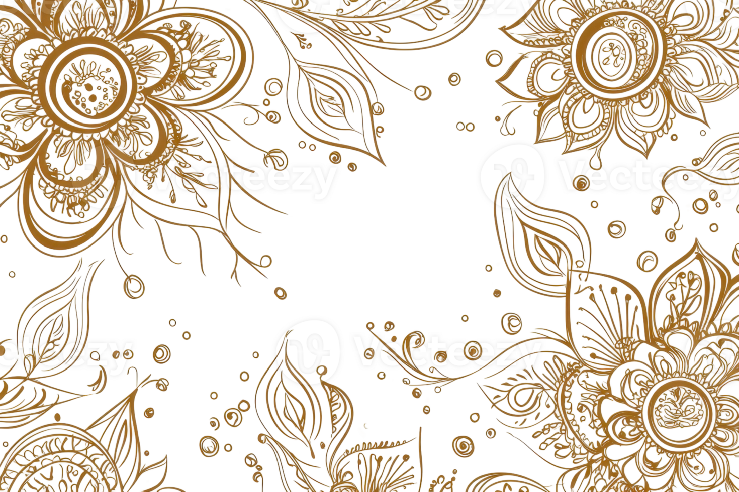 Elegant hand-drawn floral design with intricate patterns in golden hues on a transparent background. perfect for invitations or decorative use. png