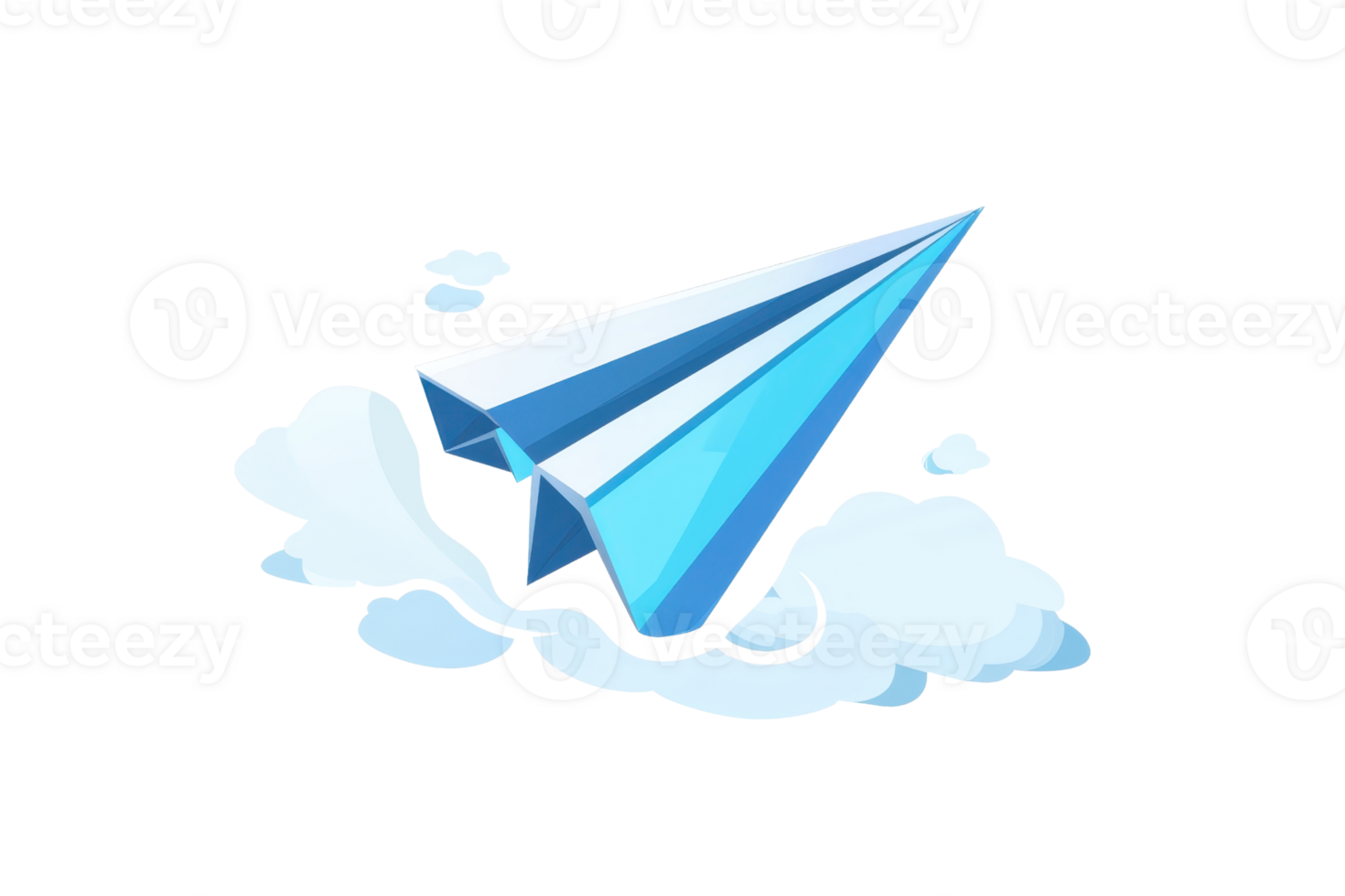 Illustration of a blue paper plane flying amid white clouds, symbolizing freedom and imagination in a whimsical design. png