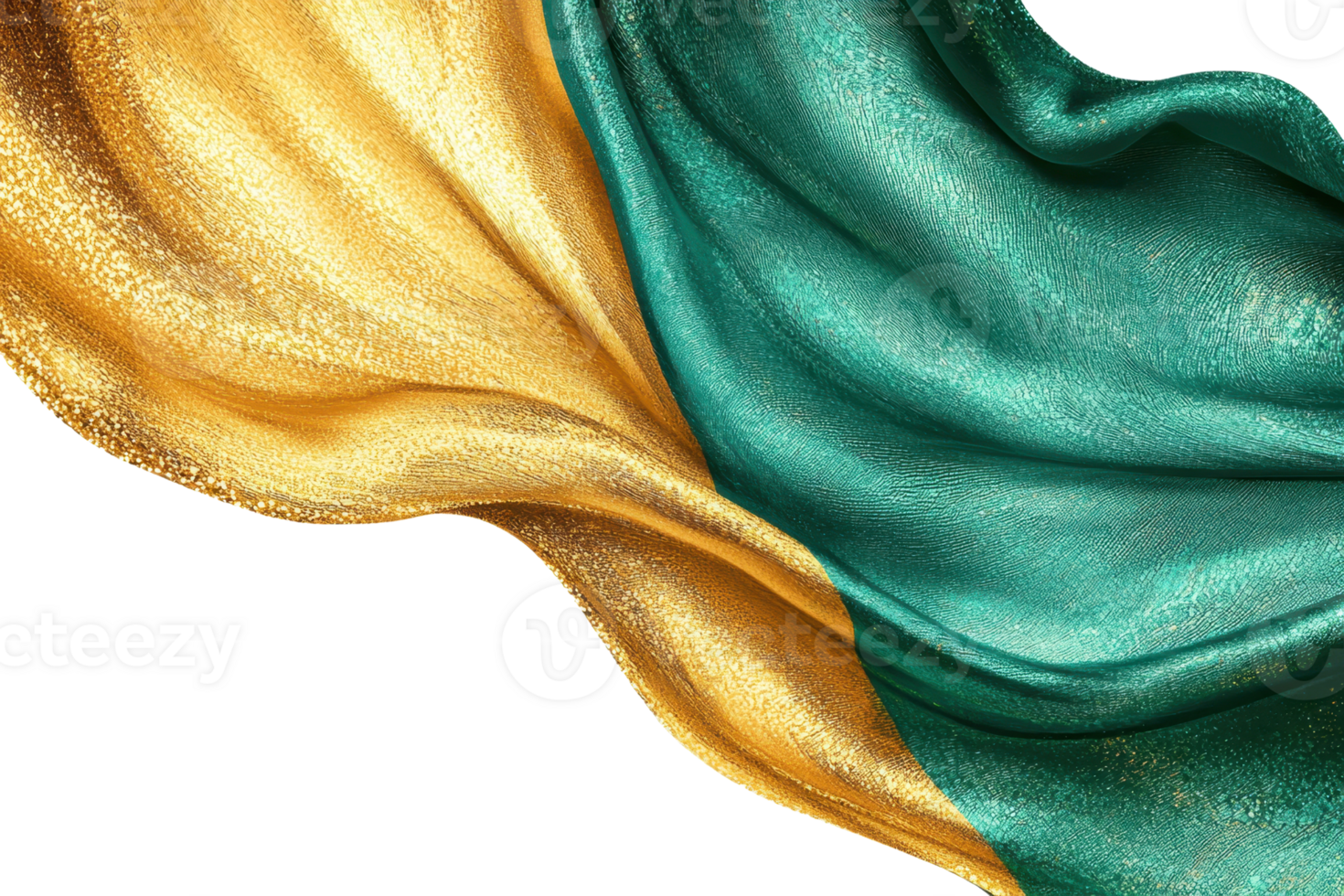 Elegant gold and green satin fabric waves gracefully, showcasing luxurious texture and vibrant colors, perfect for backgrounds and design projects. png
