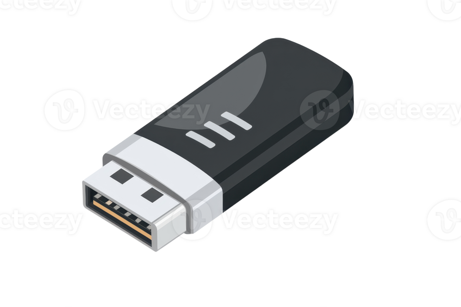 Illustration of a black USB flash drive on a transparent background, highlighting modern data storage solutions and portable device connectivity. png