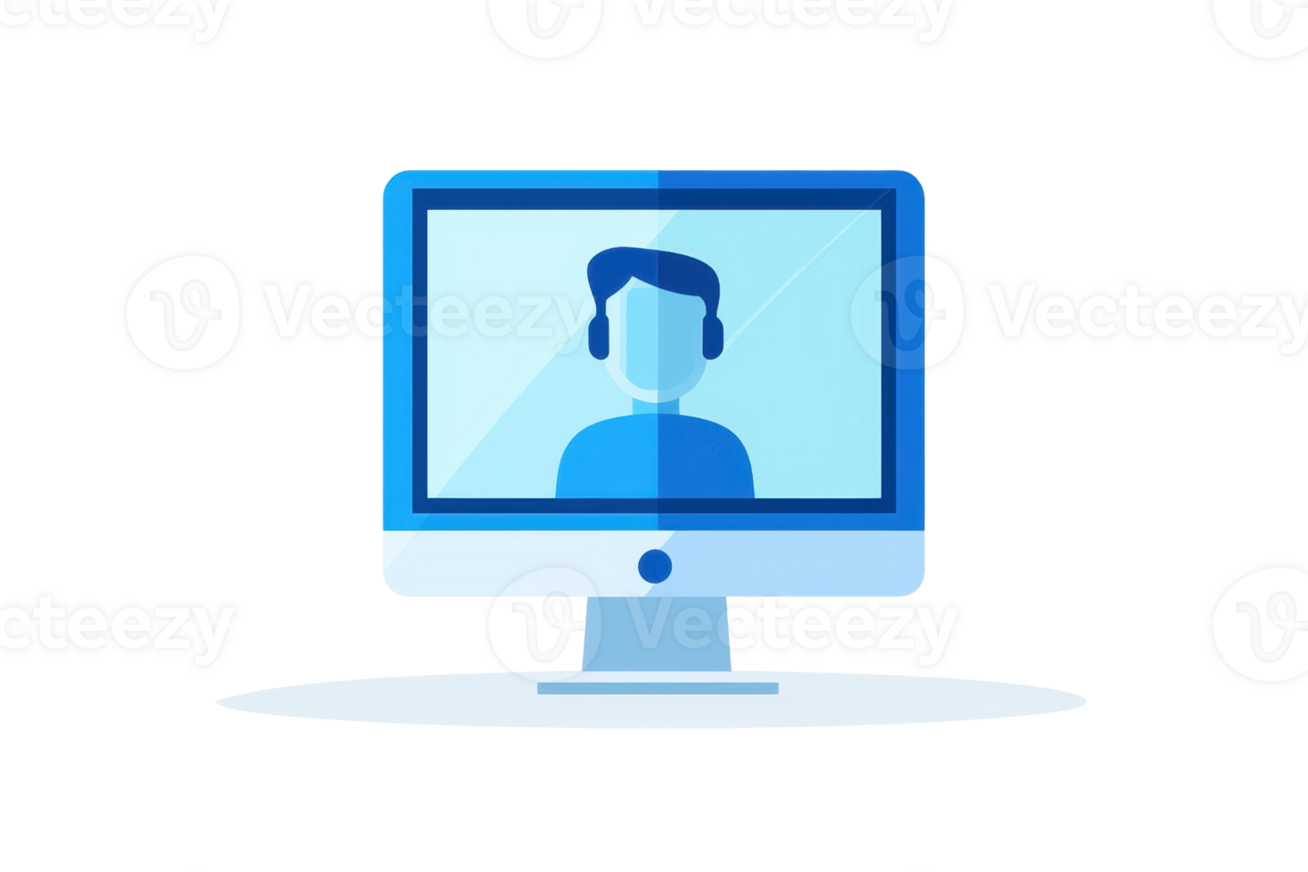 Illustration of a person on a computer screen, representing virtual communication and online presence in a digital world. png