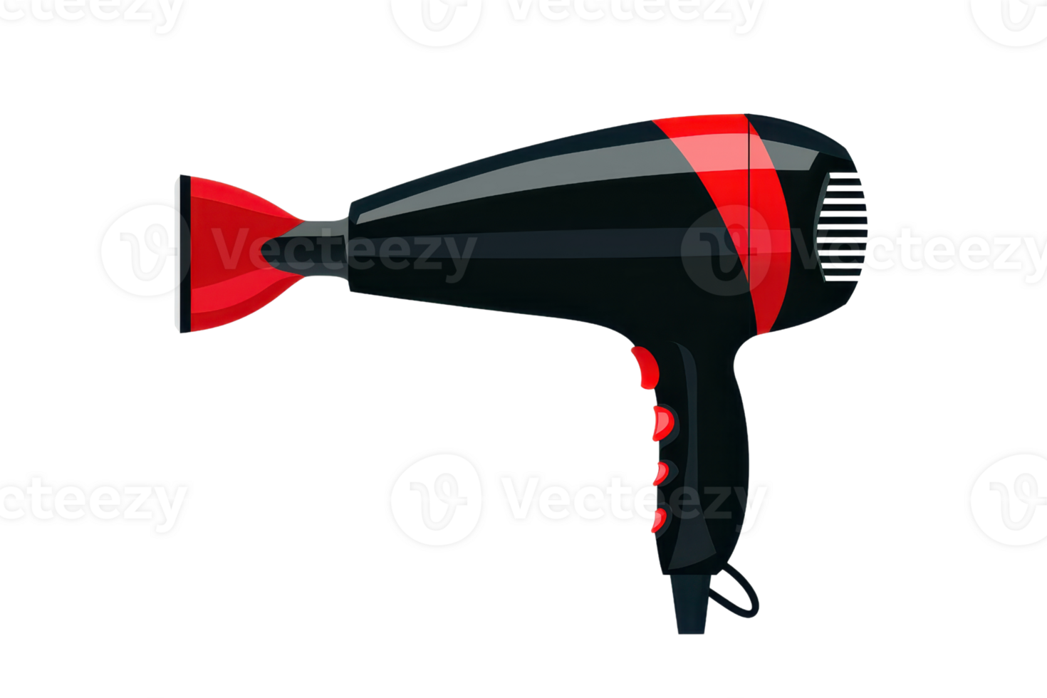 Illustration of a modern black and red hairdryer with buttons, showcasing its sleek design on a transparent background. perfect for tech or beauty. png