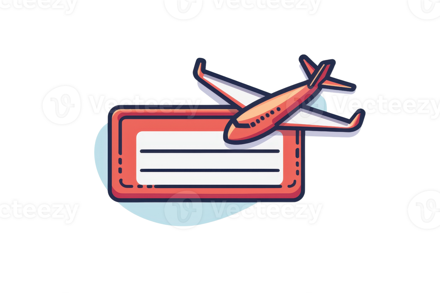 Illustration of an airplane flying over a boarding pass, symbolizing travel, adventure, and exploration in a cartoon style. png