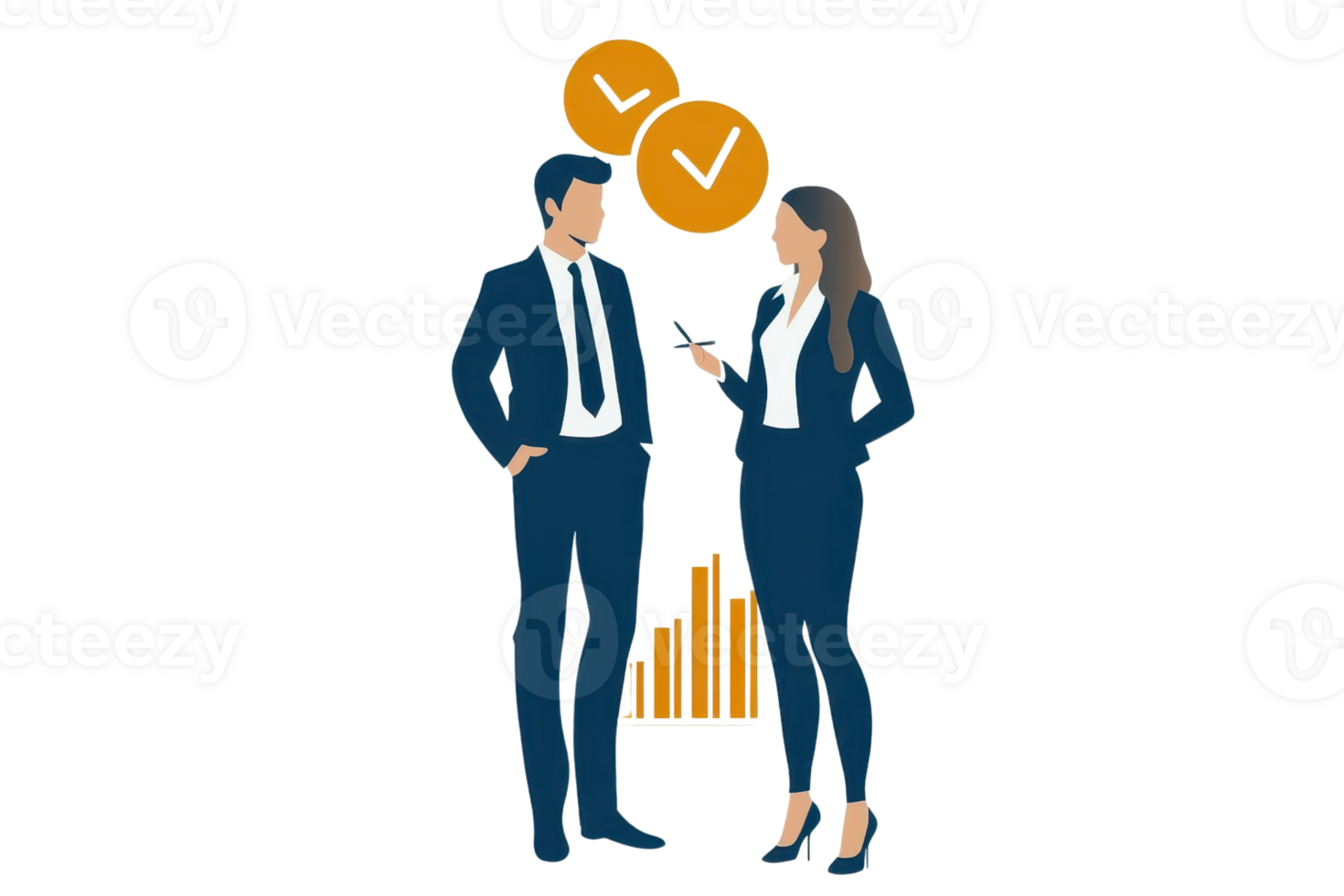 Illustration of a professional business discussion between a man and a woman with financial growth icons in the background. png