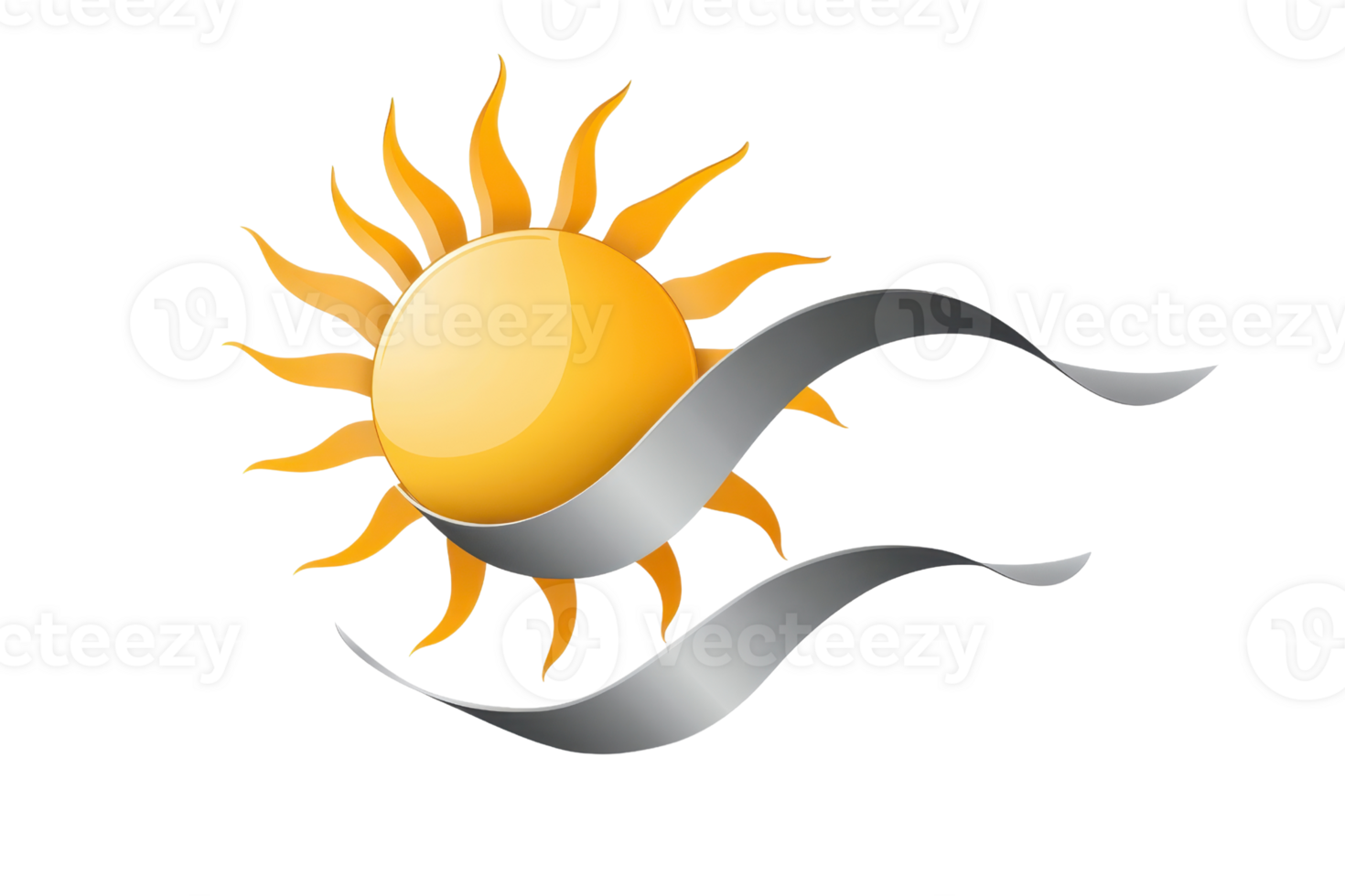 Illustration of a radiant sun with elegant silver wave ribbons, symbolizing warmth and energy, isolated on a transparent background. png