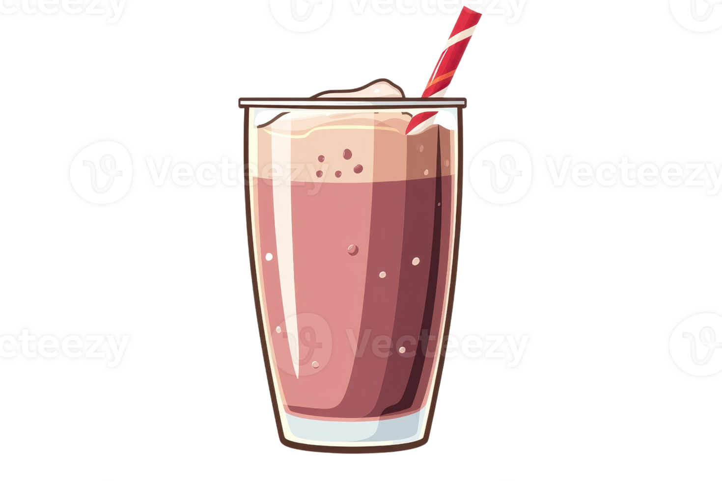 Illustration of a delicious chocolate milkshake with a red-striped straw, isolated on transparent background. Perfect for dessert and beverage themes. png