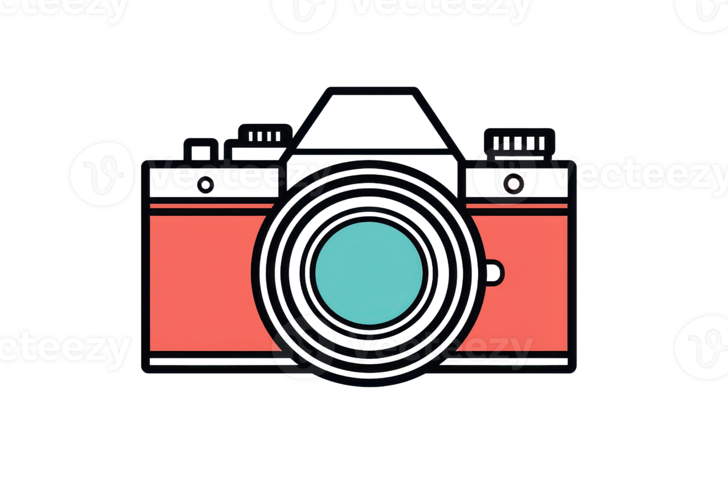 Illustration of a vintage camera with a red body and turquoise lens, representing photography, design, and creative inspiration. png