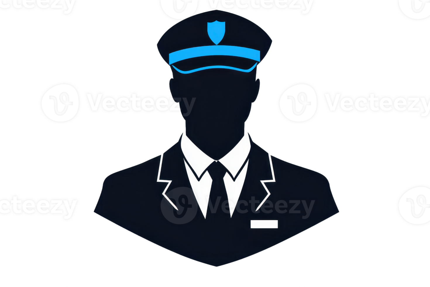 Illustration of a silhouette wearing a uniform hat and suit, symbolizing authority and professionalism against a transparent background. png