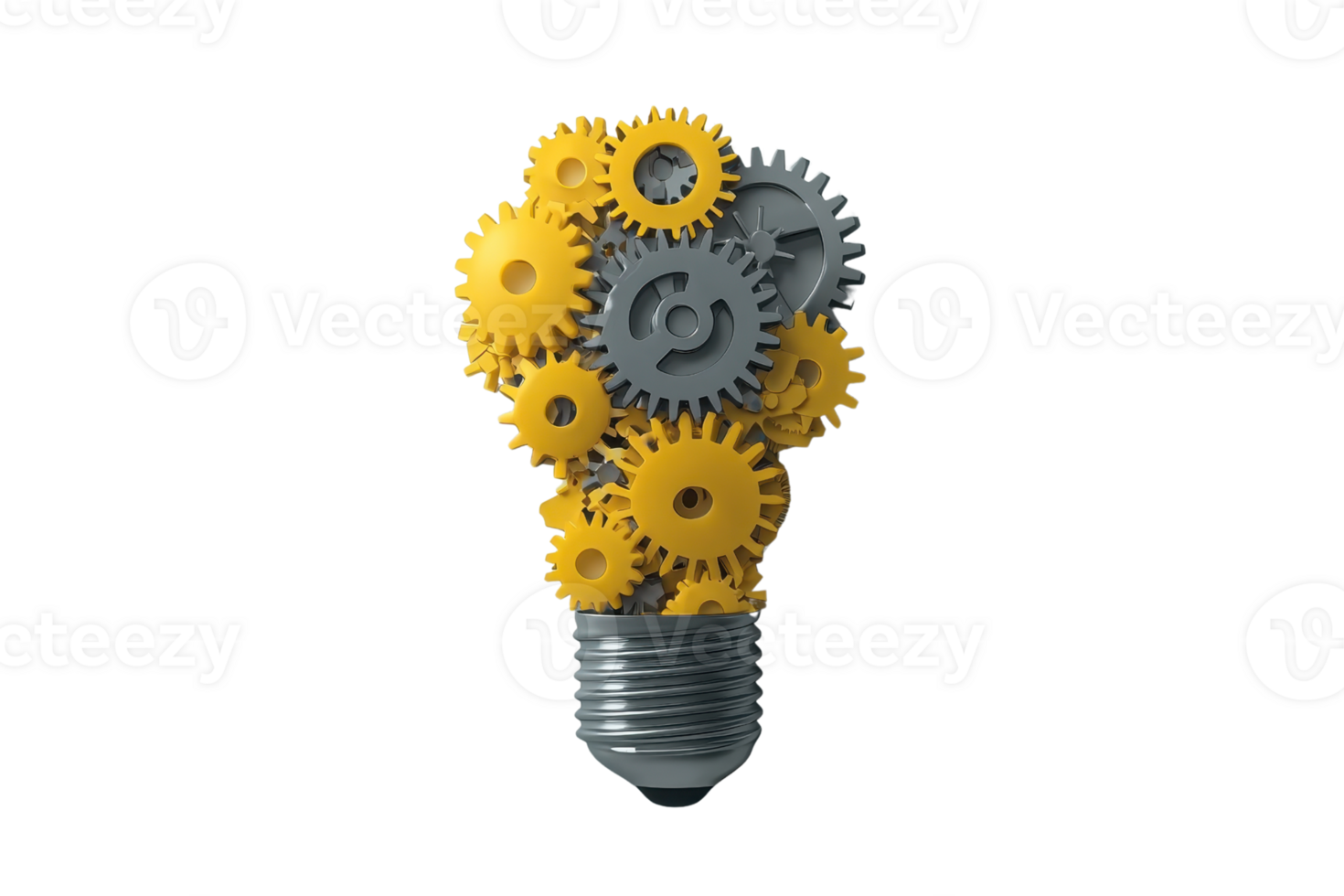 Innovative light bulb made of yellow and gray gears symbolizing creativity and mechanical ingenuity on a transparent background. png
