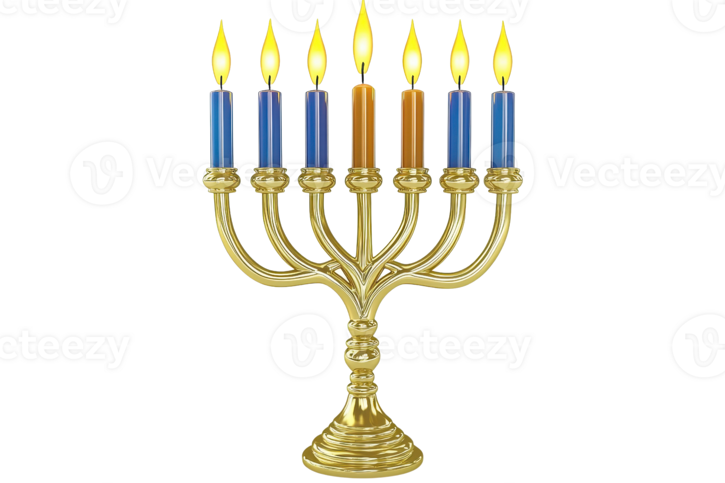 Image of a golden menorah with nine lit candles, symbolizing Hanukkah celebration and Judaic tradition. png
