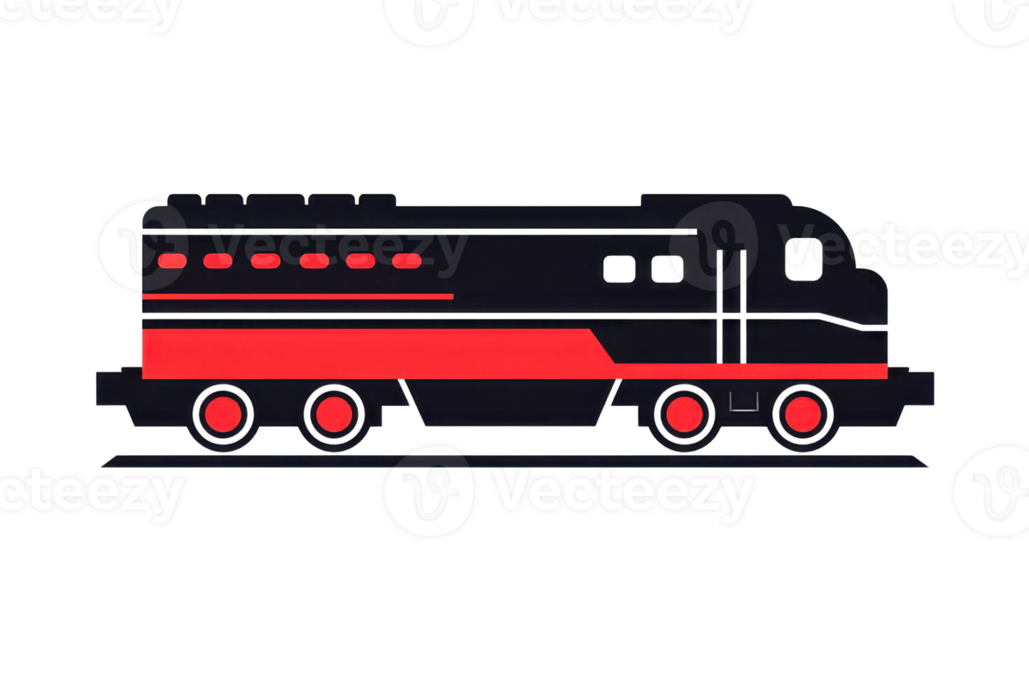Illustration of a modern black and red train engine, isolated on a transparent background. showcasing transportation and industrial design. png