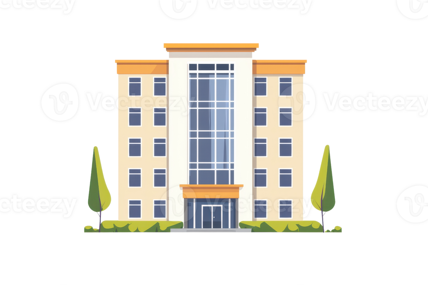 Illustration of a modern office building with large windows and green landscaping, ideal for business and urban design concepts. png