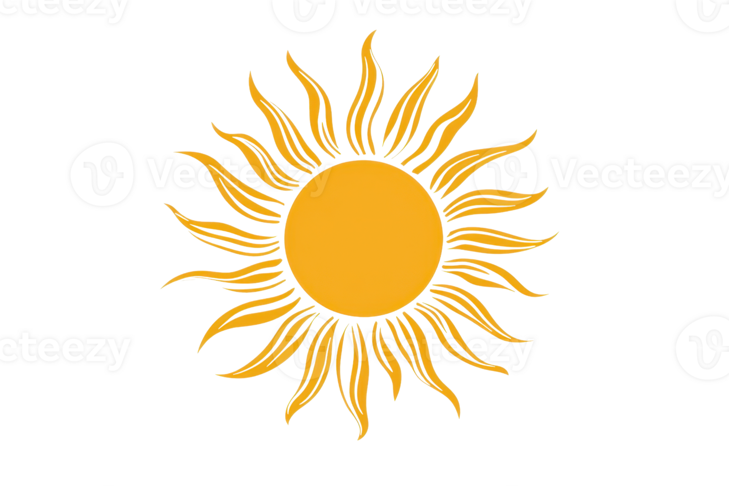 Illustration of a stylized sun with radiant, curling rays on a transparent background. Perfect for design projects and creative uses. png