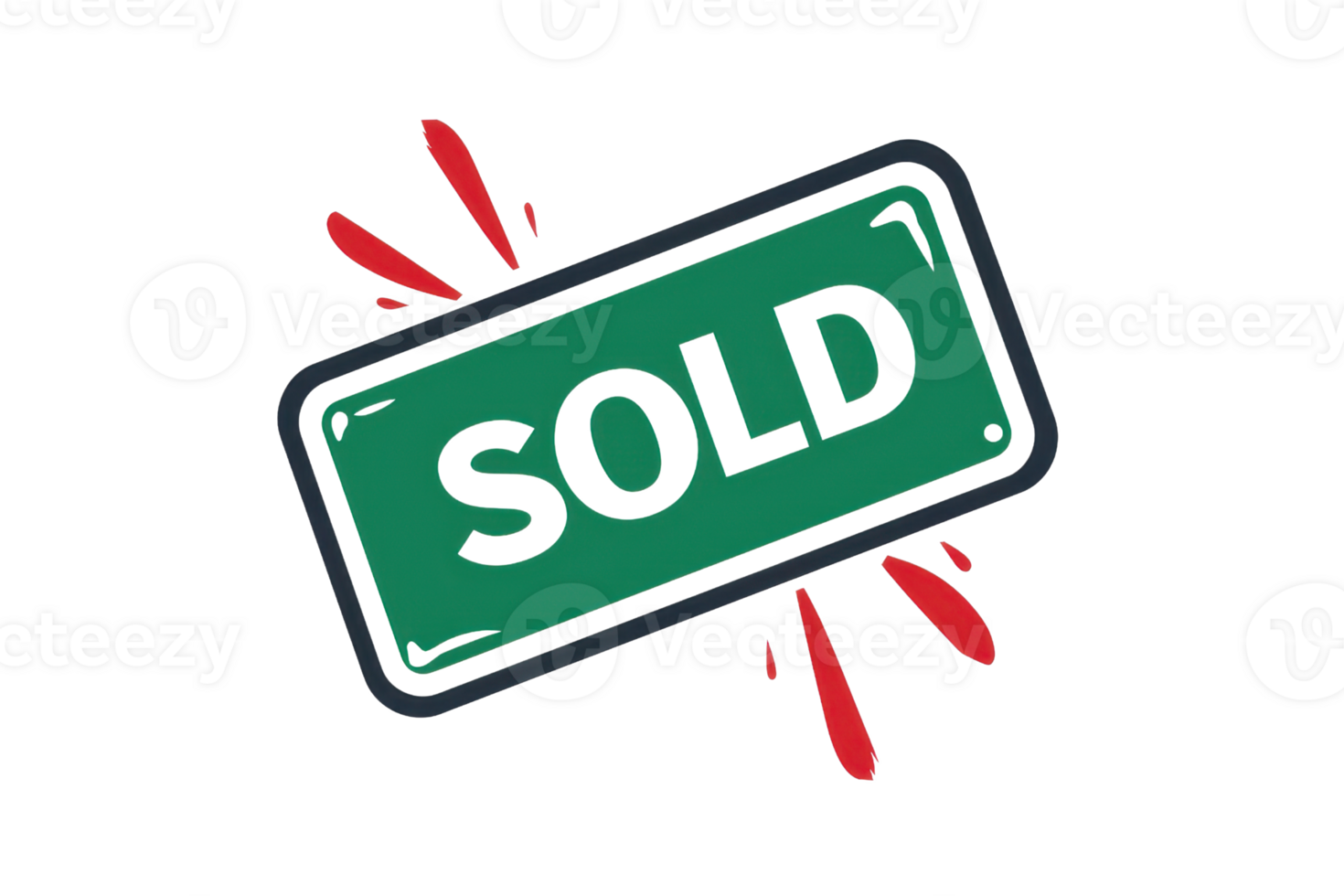 Illustration of a green 'Sold' sign with red splashes, symbolizing successful sales or transactions, ideal for real estate and marketing themes. png