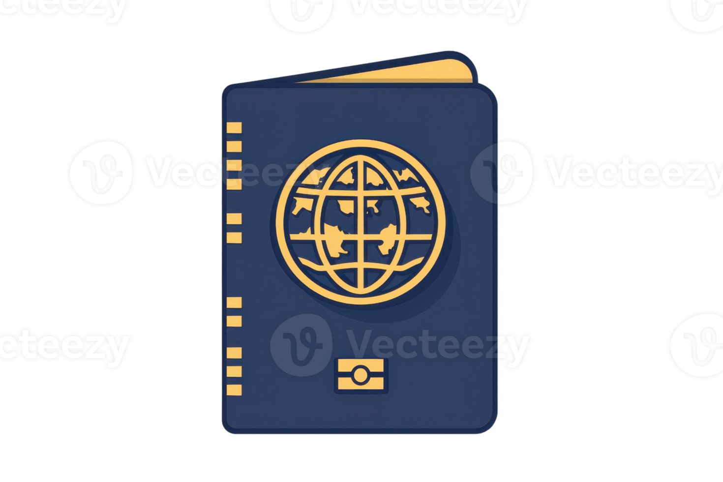 Illustration of a blue international passport. Features a golden globe and secure chip symbol. Ideal for travel-related content. png