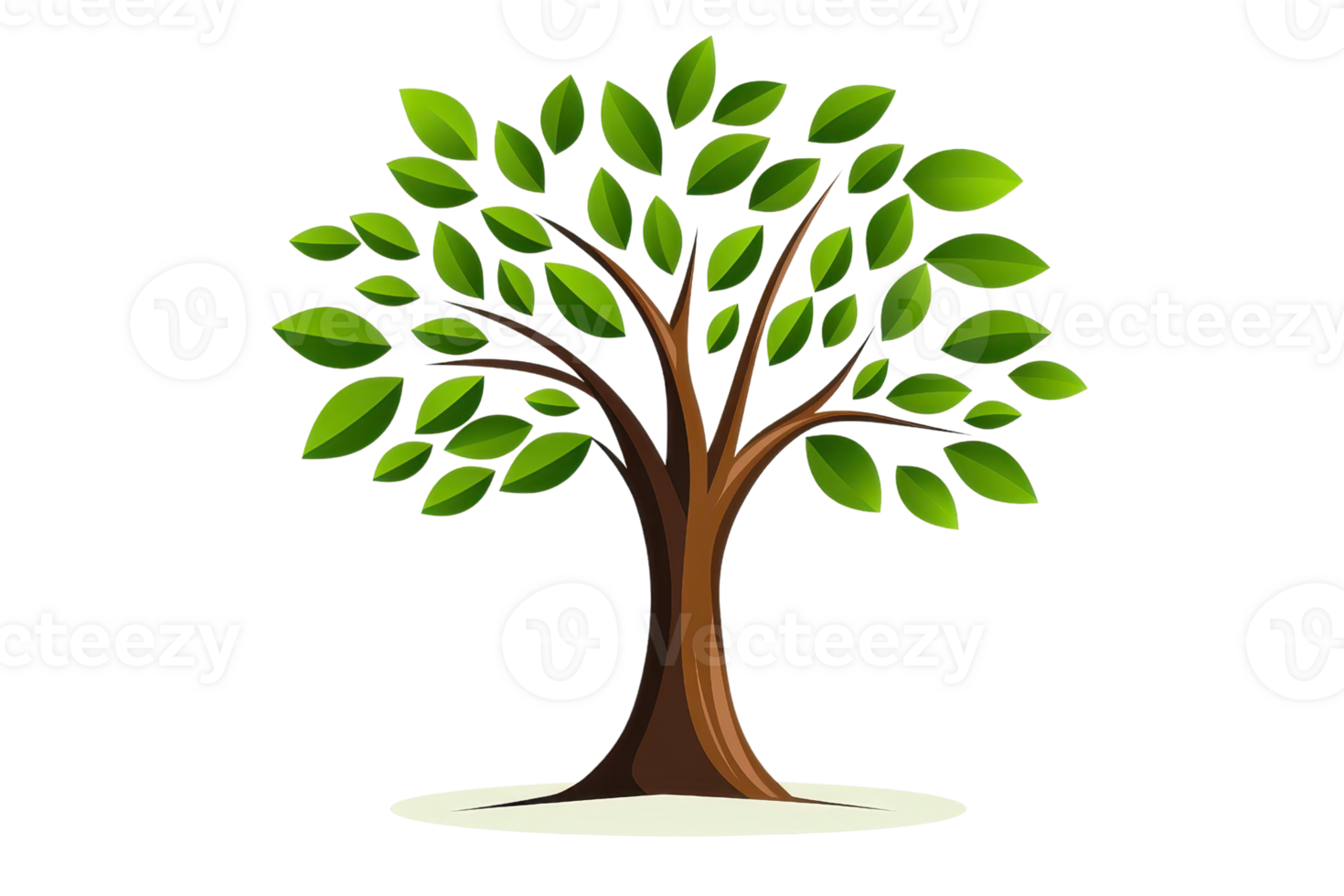 Illustrative tree with abundant green leaves and sturdy brown trunk on a transparent background. symbolizing nature and growth. png