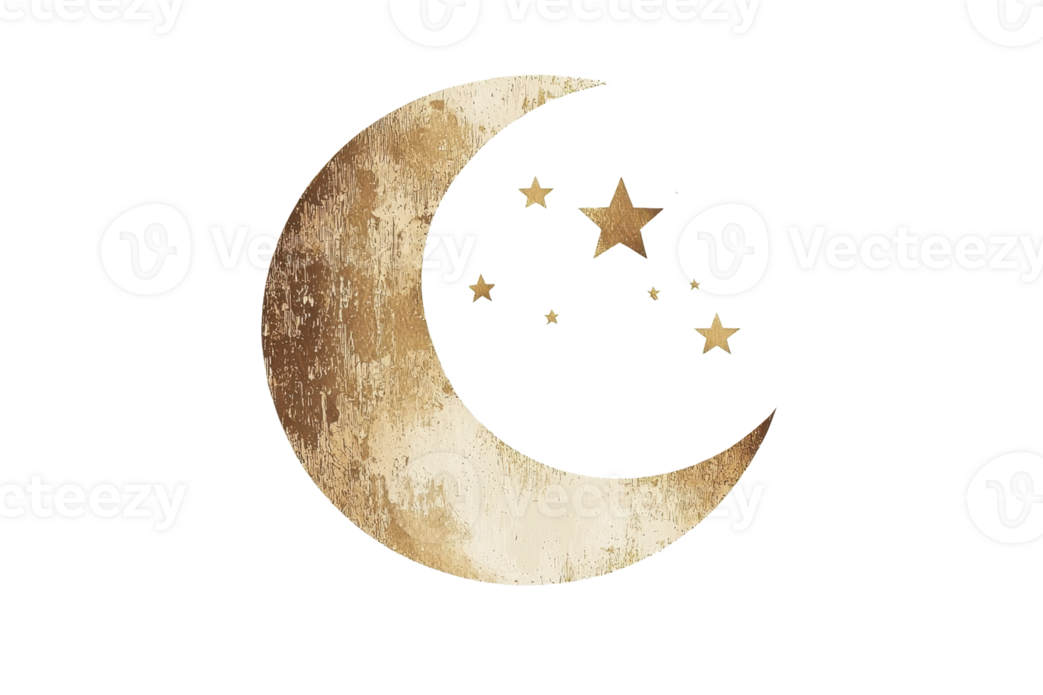 Illustration of a rustic crescent moon with scattered stars, creating a charming celestial and mystical night sky motif. png