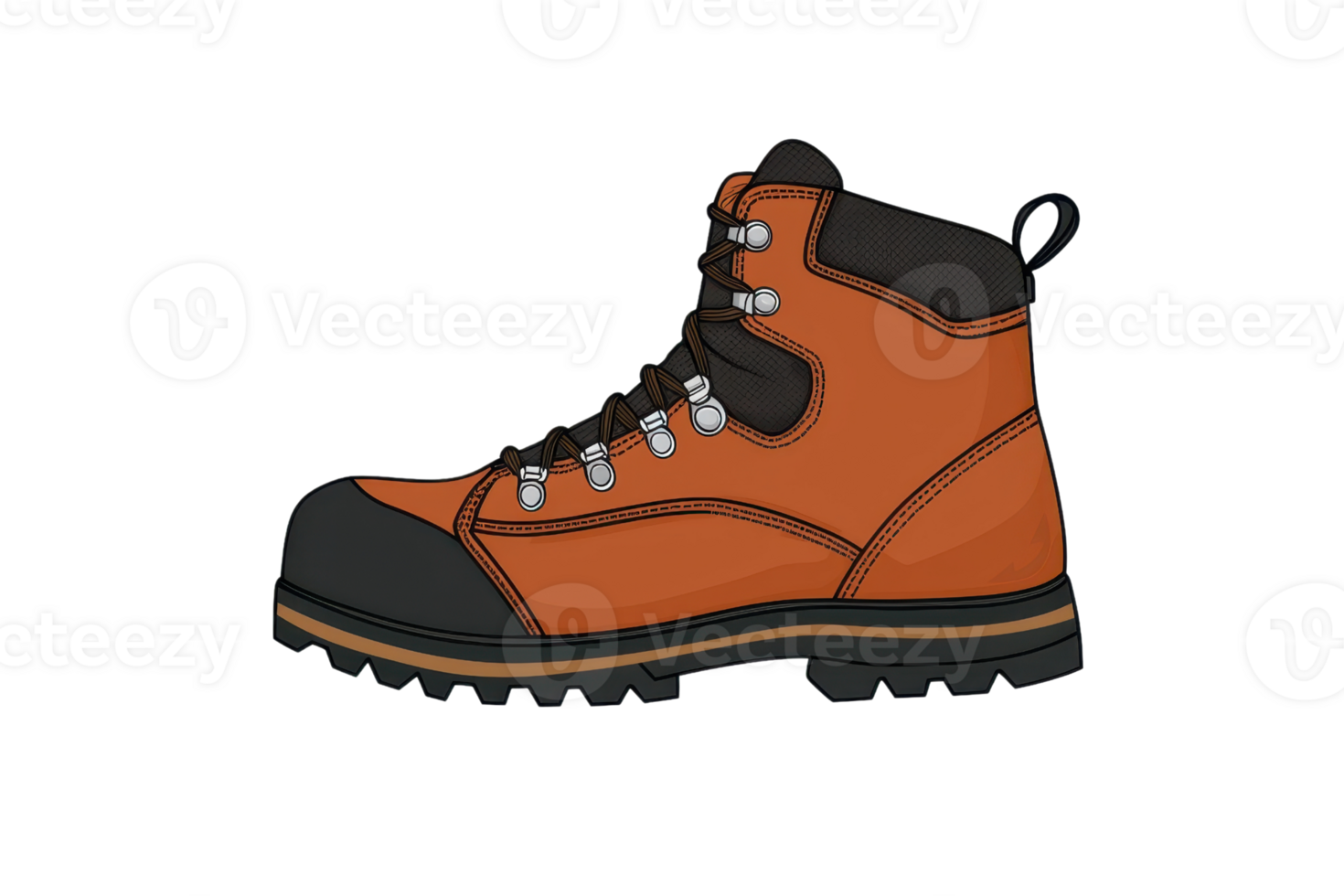 Illustration of a sturdy orange hiking boot with black accents, ideal for outdoor adventures and trekking activities. png