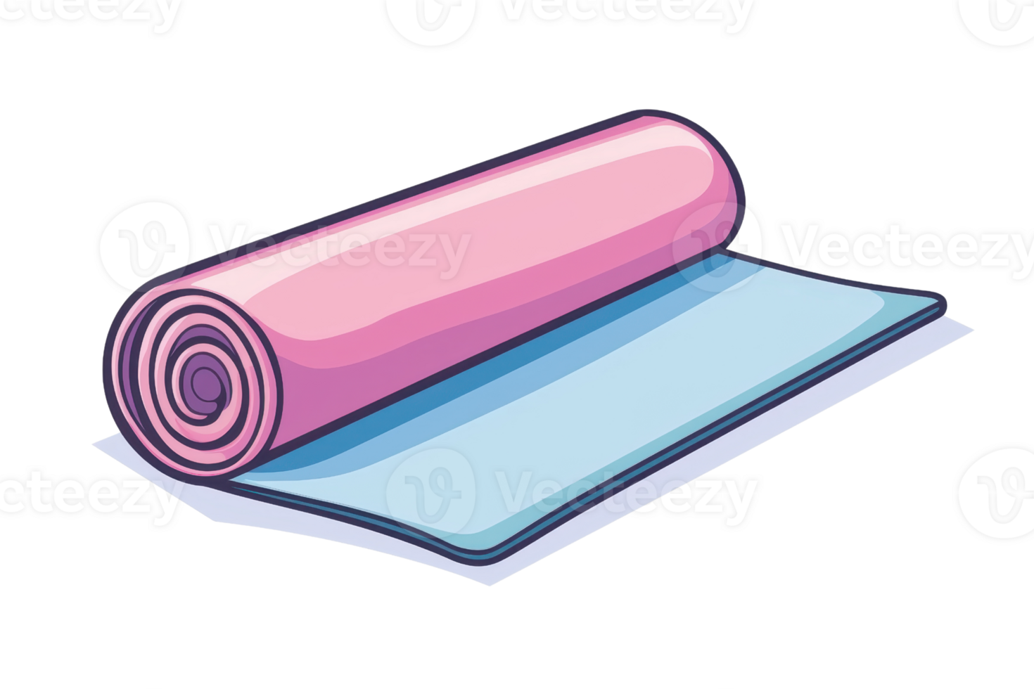Illustration of a rolled pink yoga mat on a blue mat, showcasing fitness and meditation essentials for a healthy lifestyle. png