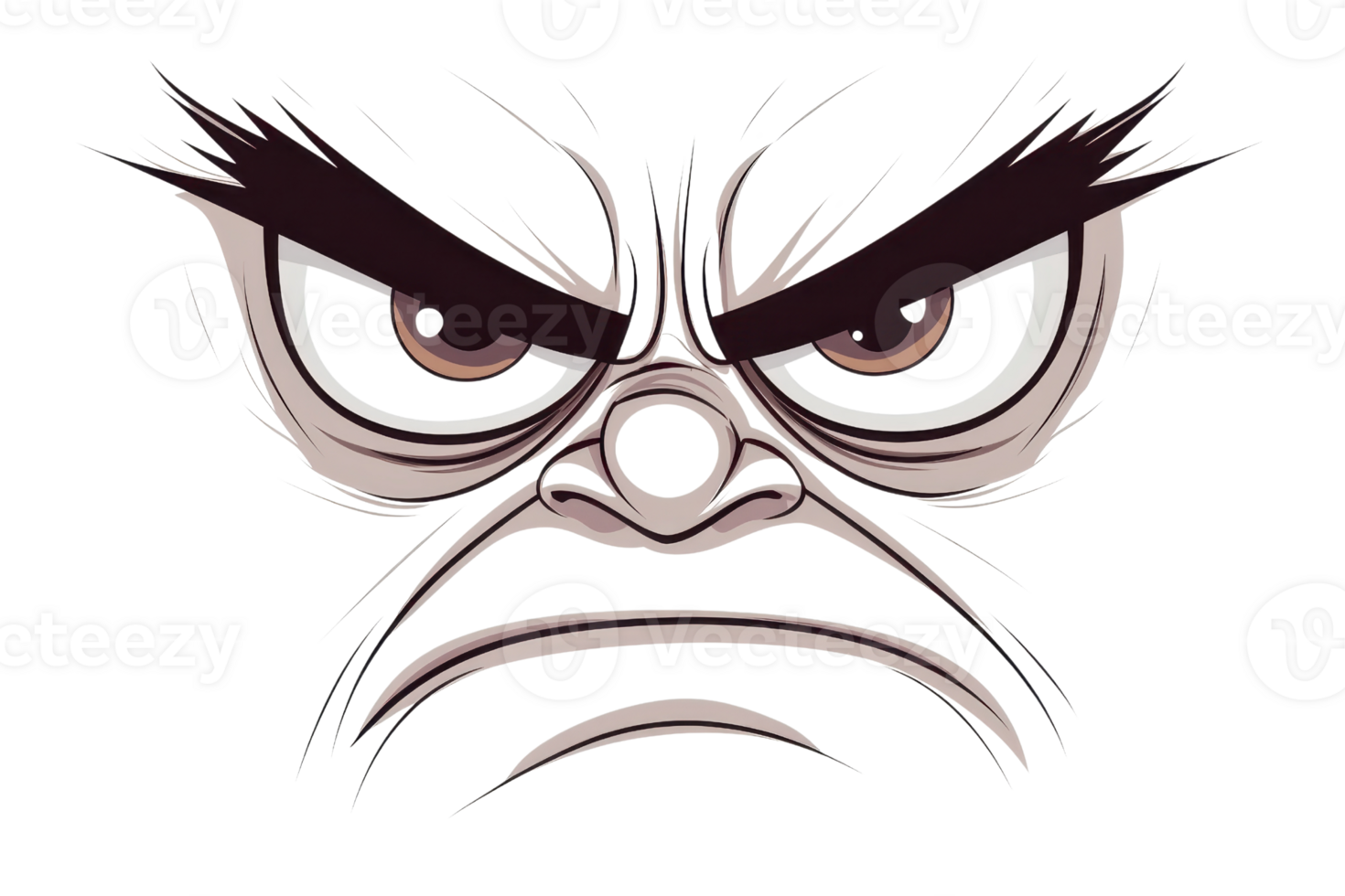 Illustration of a fierce, angry face with intense eyes and furrowed brows. Perfect for concepts of anger, emotion, and expression. png