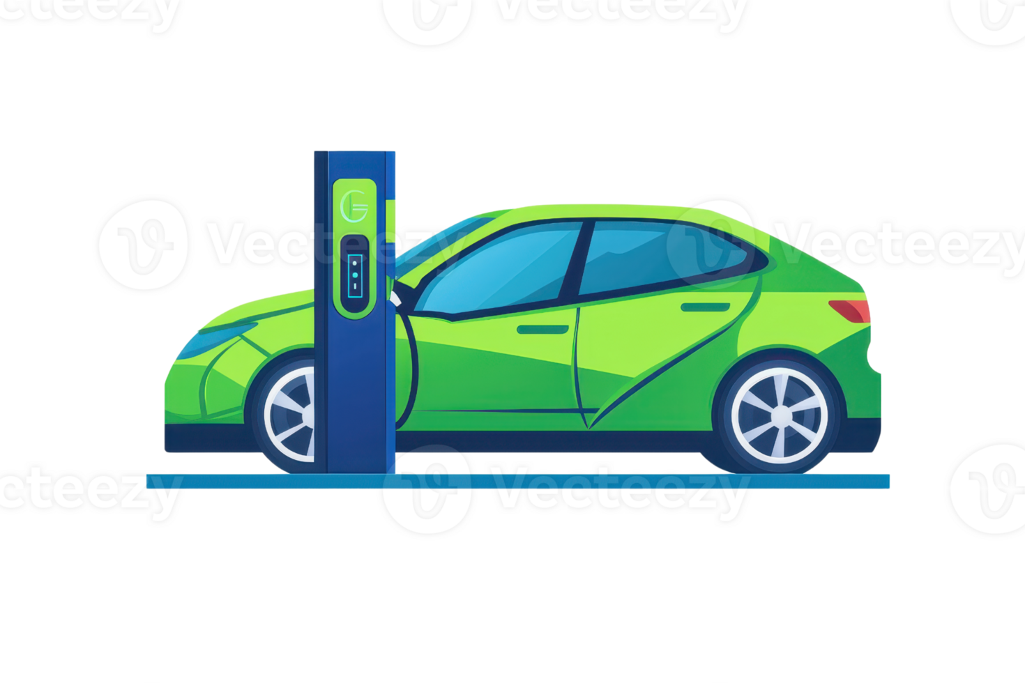 Illustration of a green electric car at a charging station, representing clean energy and sustainable transportation. png