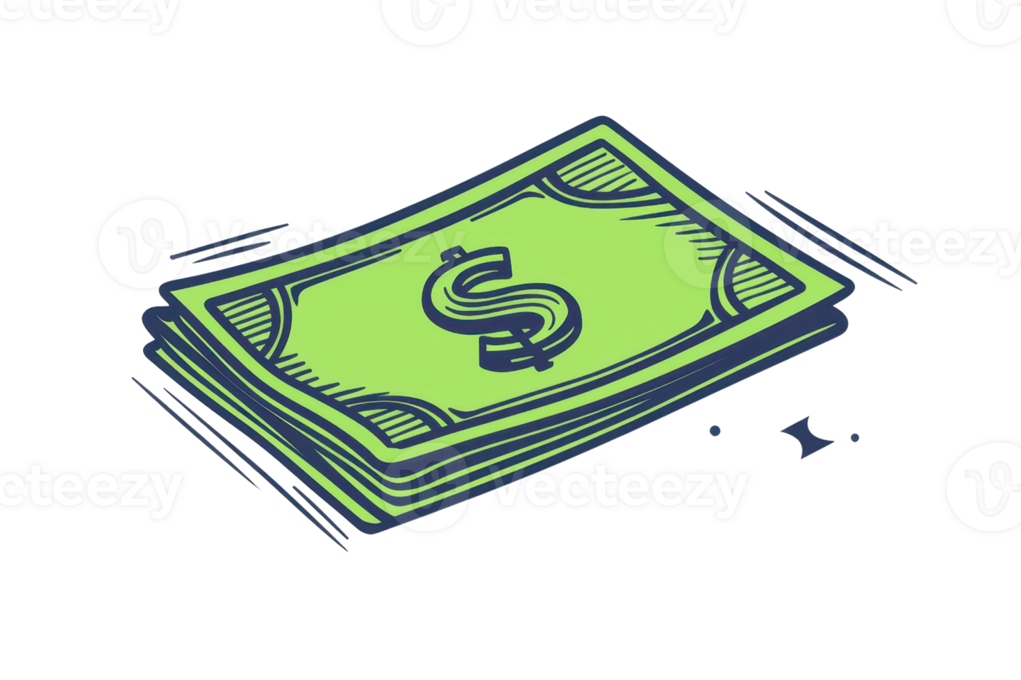 Illustration of a stack of green dollar bills with a dollar sign, representing wealth, finance, and economic concepts in a simple style. png