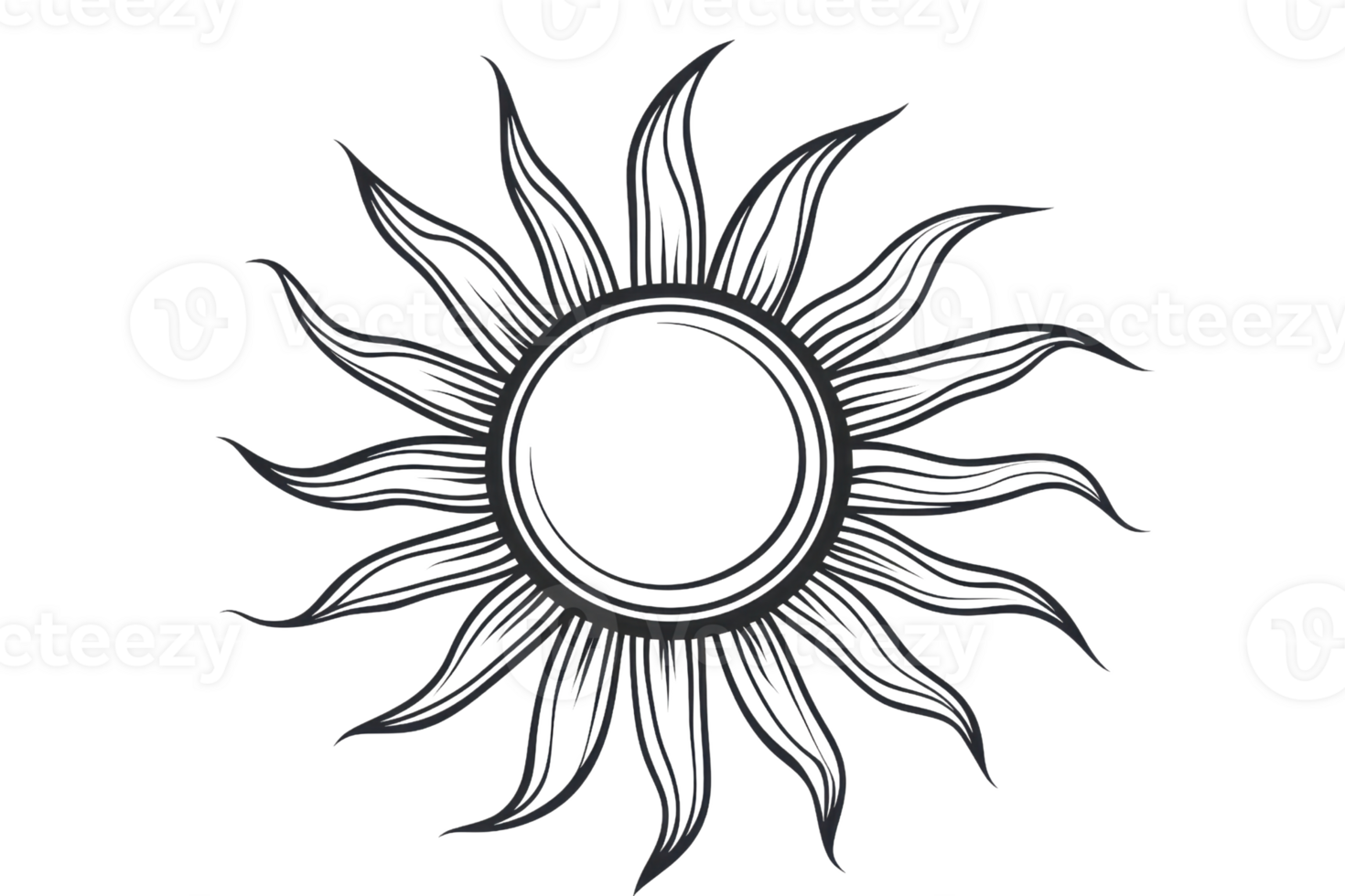 Intricate black sun silhouette with swirling rays, symbolizing energy and warmth, perfect for artistic and spiritual design projects. png