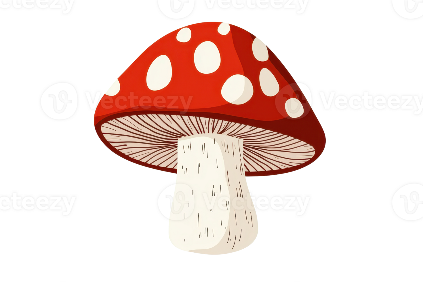 Illustration of a red and white spotted mushroom with a textured stem against a transparent background. Perfect for botanical designs. png