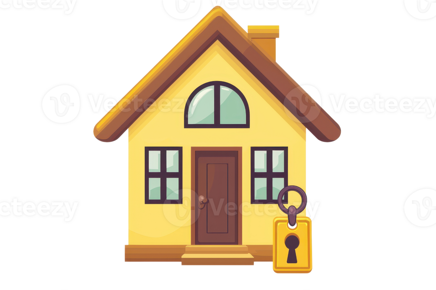 Illustration of a cozy, cartoon-style house with a large key symbolizing home security and protection. Bright colors enhance visual appeal. png