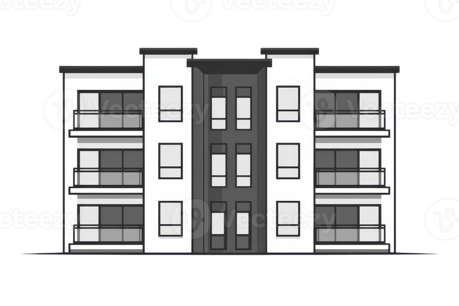 Illustration of a modern apartment building with large windows and balconies, featuring a simple and clean architectural design. png