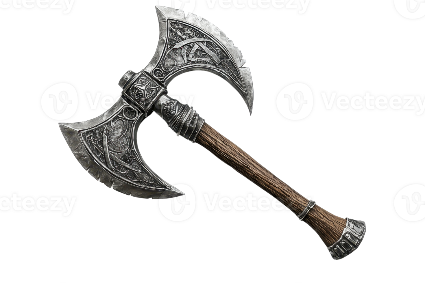 Intricately detailed medieval double-headed axe with a wooden handle, perfect for historical or fantasy-themed designs and projects. png