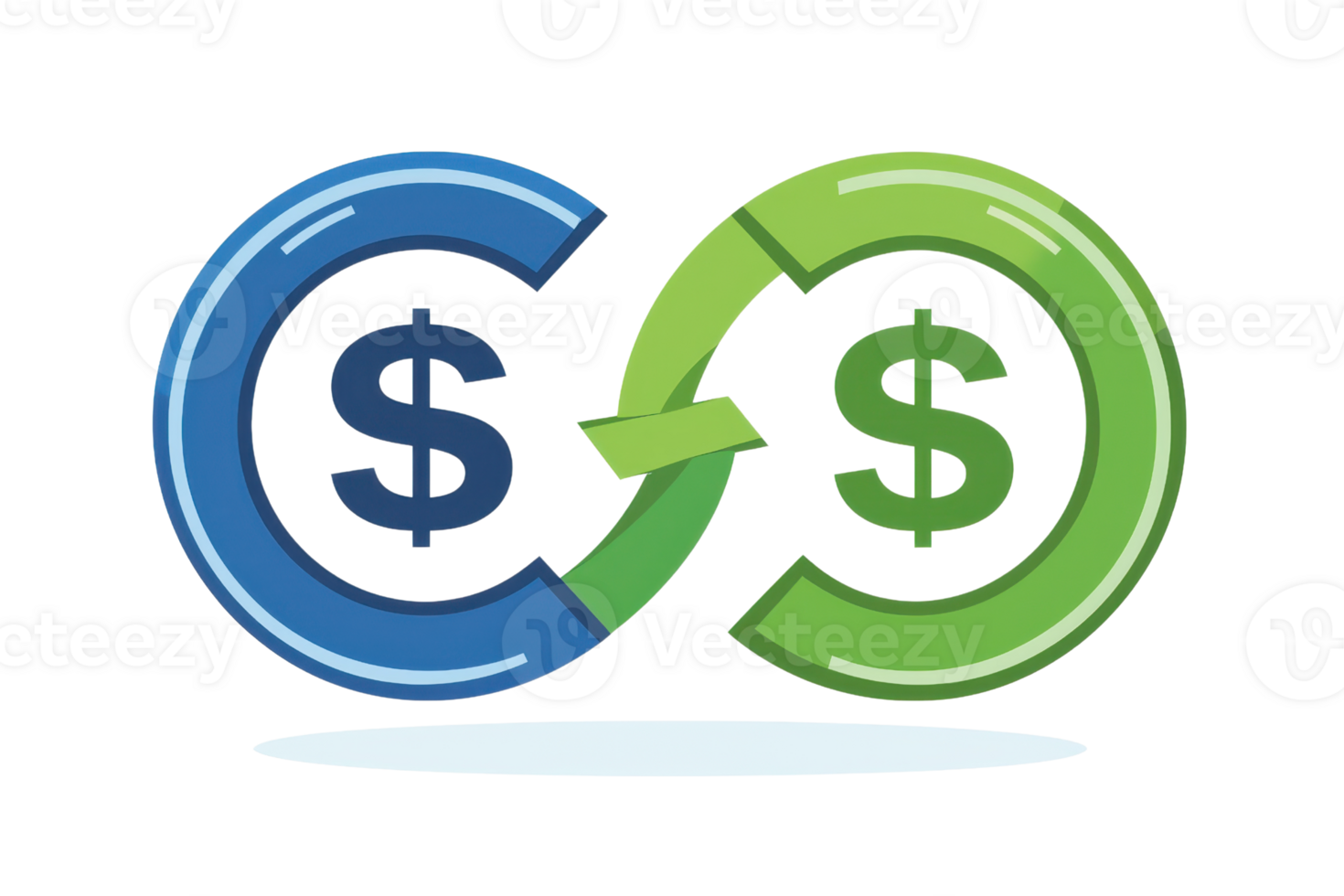 Illustration of a blue and green circular arrow with dollar signs, symbolizing financial exchange and money cycle. Ideal for business themes. png