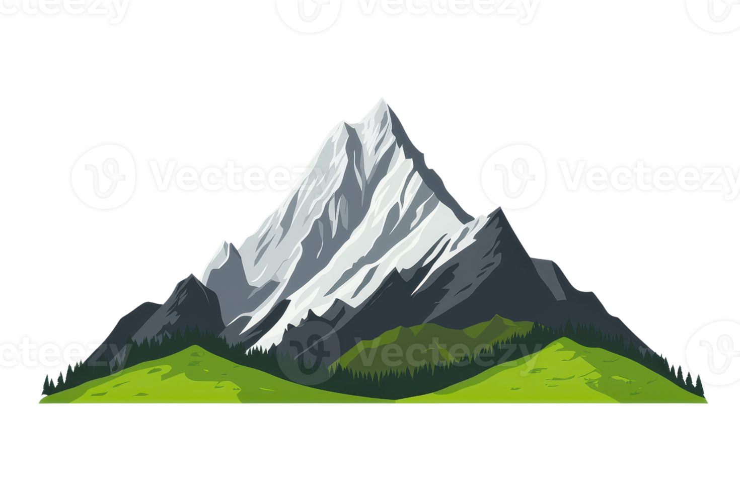 Illustration of a majestic mountain with snowy peaks and lush green base, symbolizing natural beauty, adventure, and exploration. png