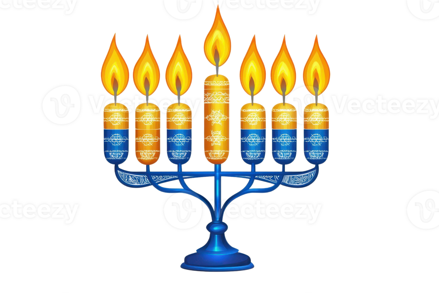 Illustration of a fully lit Hanukkah menorah with nine blue and yellow candles on a blue candlestick. png