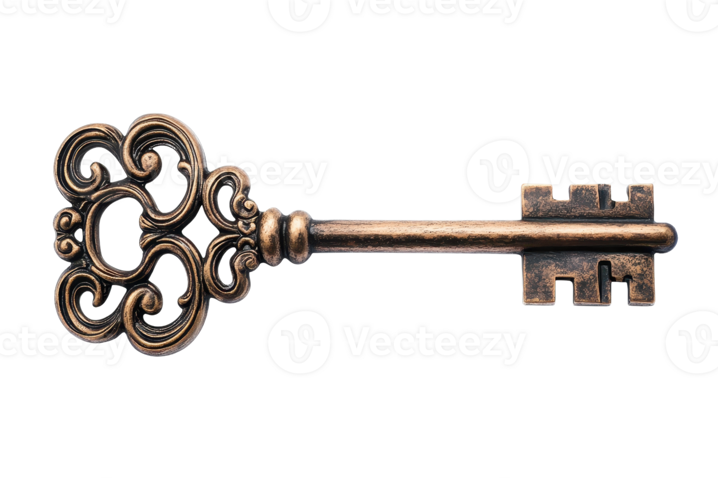 Intricately designed antique key with elaborate detailing, representing mystery and history, isolated on a transparent background. png