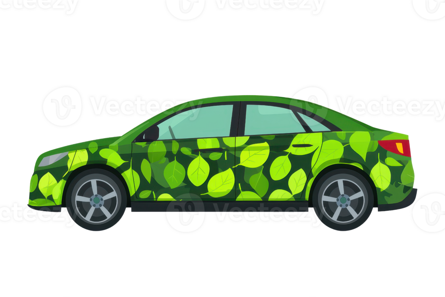 Illustration of an eco-friendly car with a green leaf pattern, symbolizing environmental sustainability and innovation in transportation. png