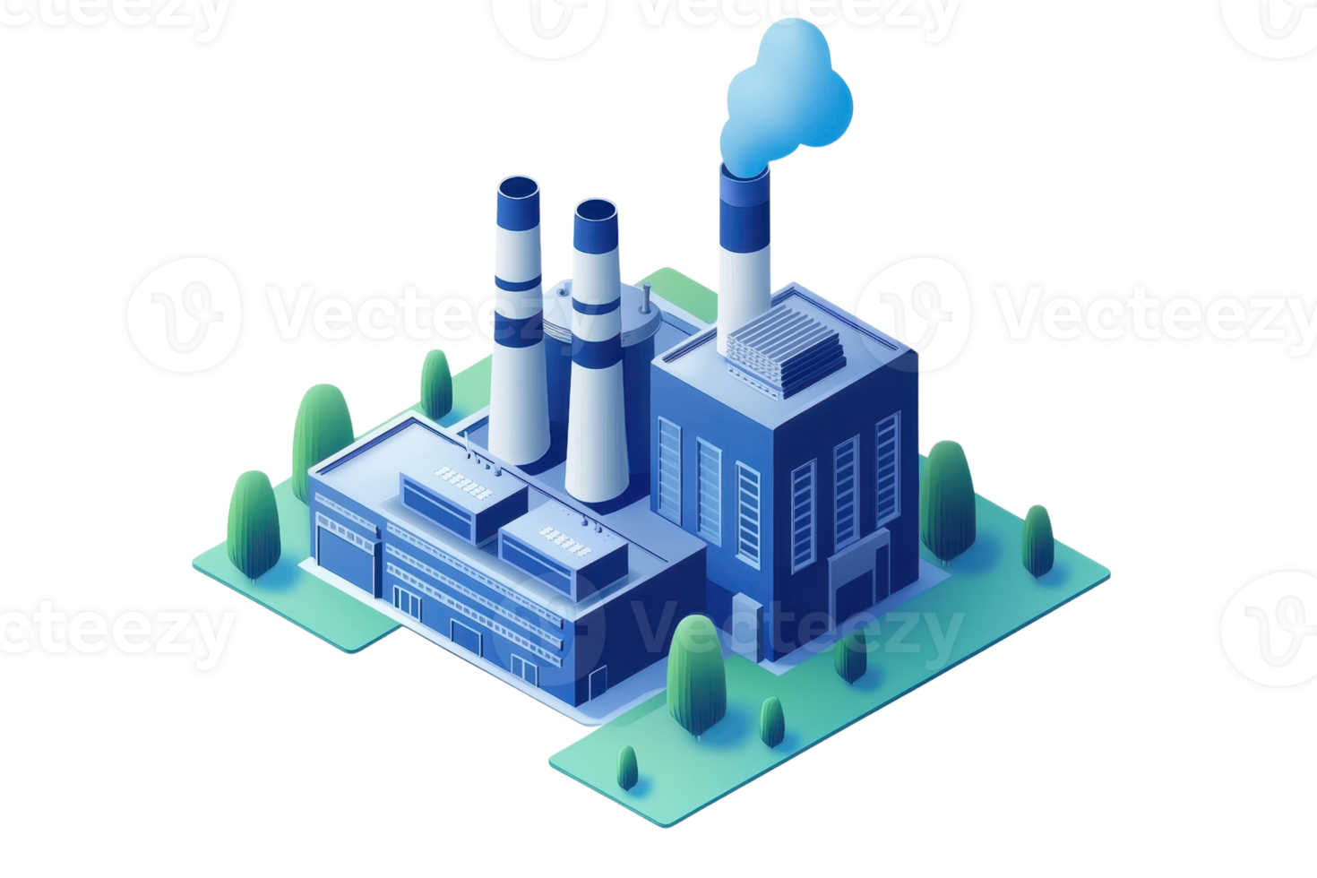 Illustrated factory with chimneys and smoke, surrounded by greenery, representing industrial and environmental concepts. png