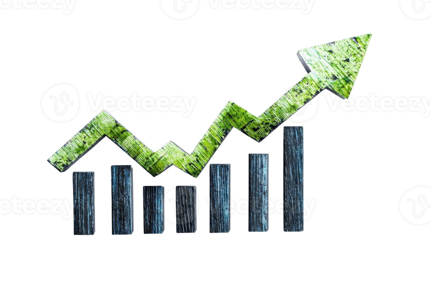 Illustration of a bar graph with a rising green arrow, symbolizing growth, success, or progress in business or financial sectors. png