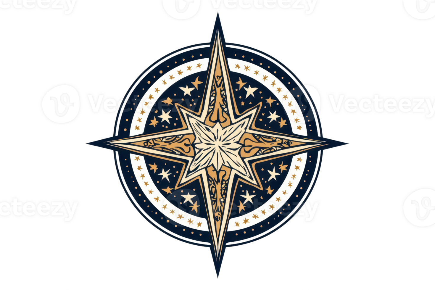 Intricate nautical compass rose with ornate patterns and stars, symbolic of navigation and exploration, detailed in gold and navy blue hues. png