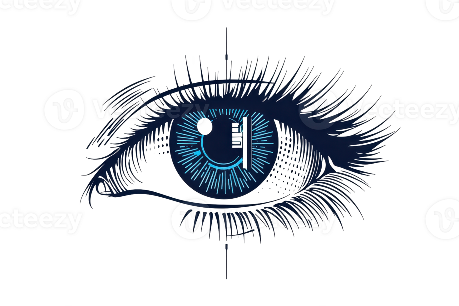 Illustration of a blue stylized eye with intricate details, symbolizing vision, technology, and insight on a transparent background. png