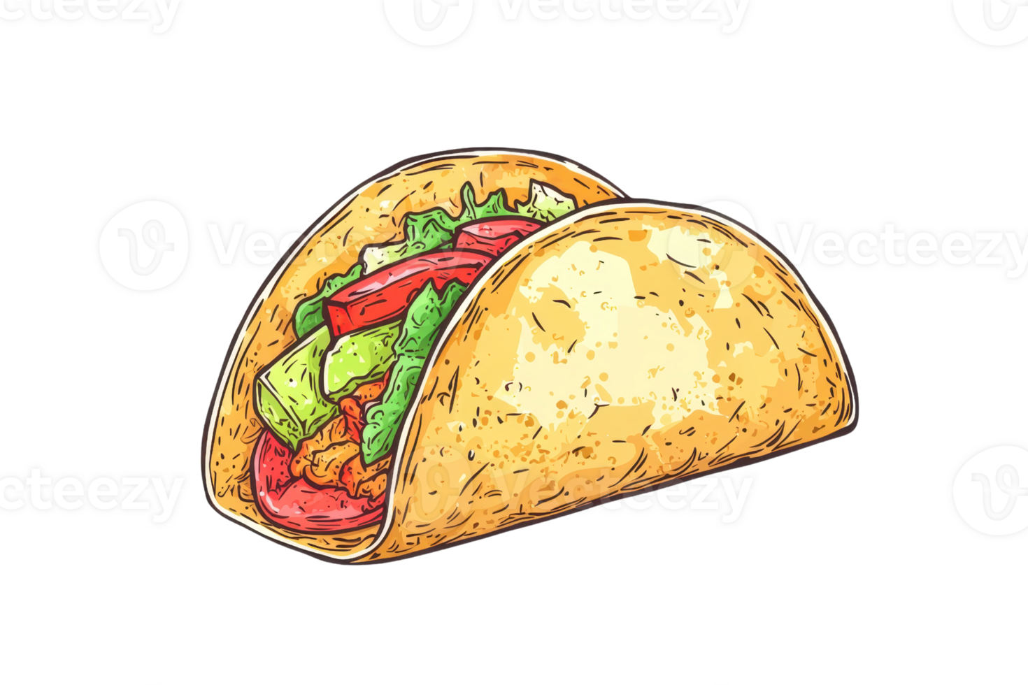 Illustration of a colorful taco with fresh vegetables and meat in a crispy shell, perfect for Mexican food-themed content. png
