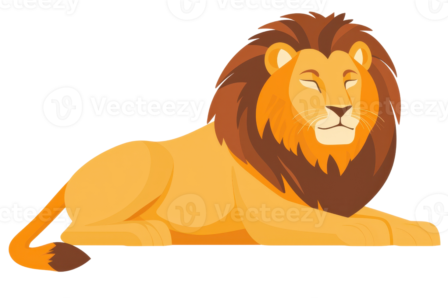 Illustration of a majestic lion resting on the ground, showcasing its powerful build and regal mane in a peaceful setting. png