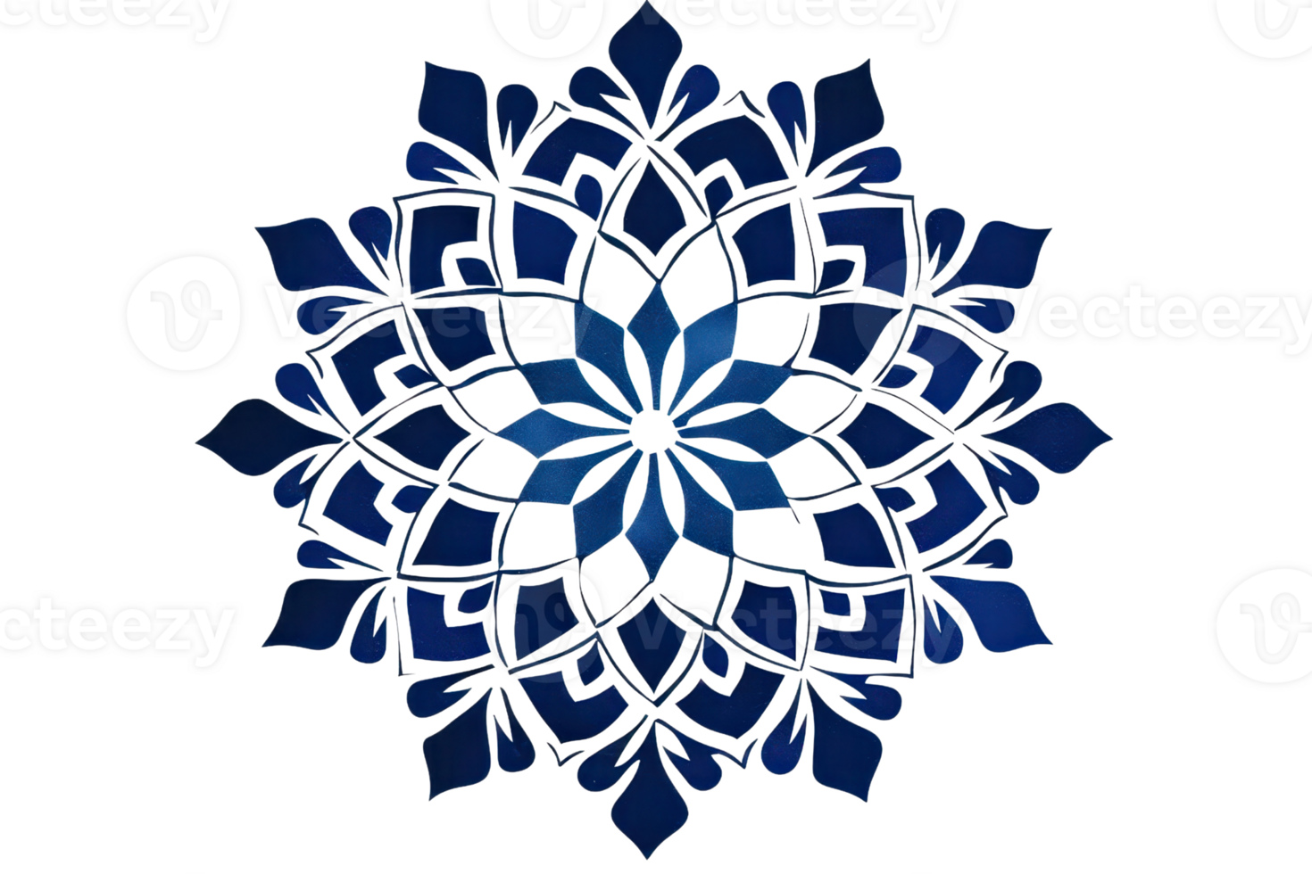 Intricate blue geometric mandala design with symmetrical floral patterns and detailed line art on a transparent background. png